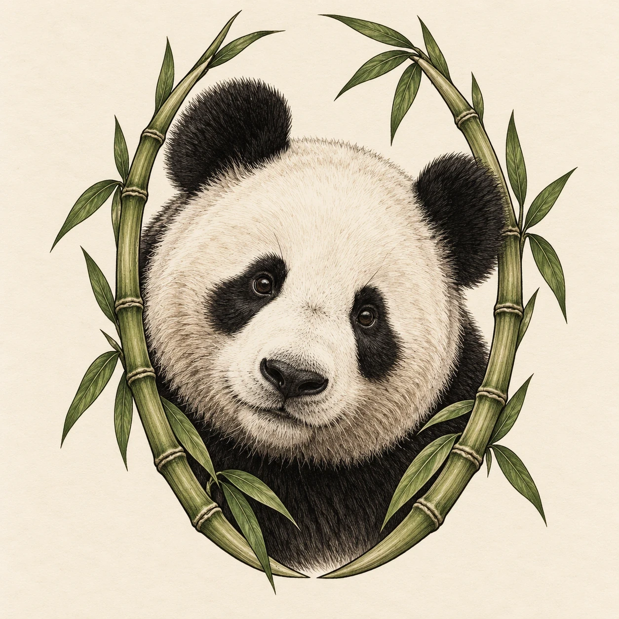 Panda face tattoo concept inside an oval bamboo-and-leaf frame