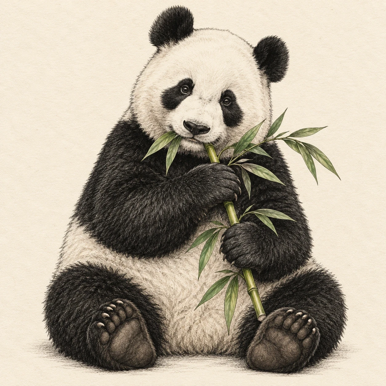 Giant panda tattoo concept holding a leafy green bamboo stem