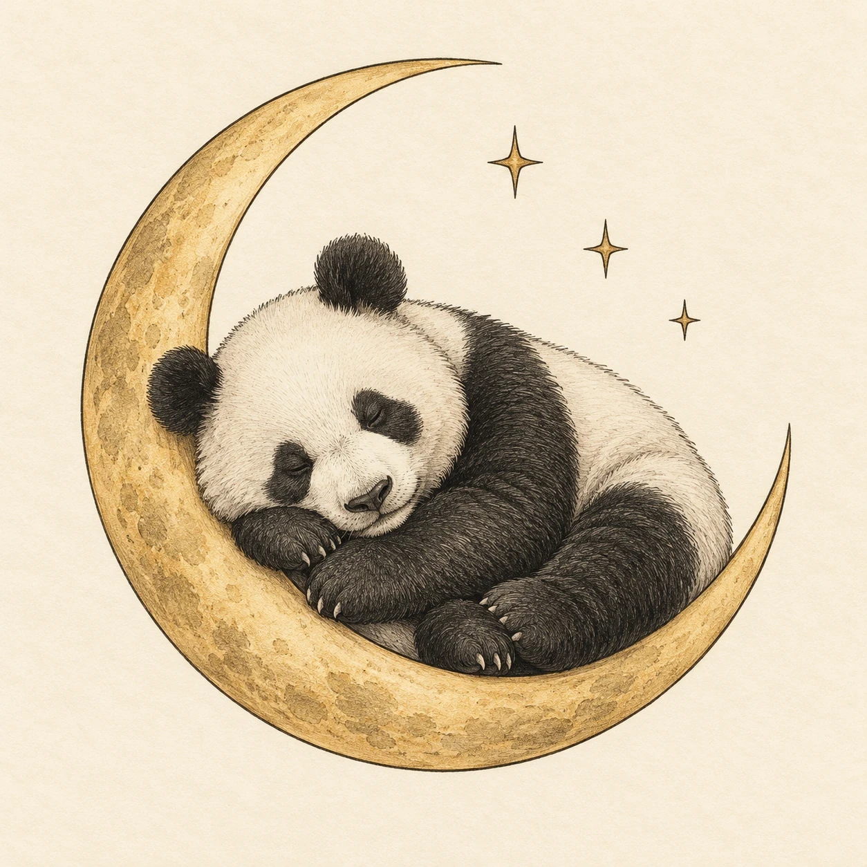 Storybook panda tattoo concept sleeping on a gold crescent with small stars