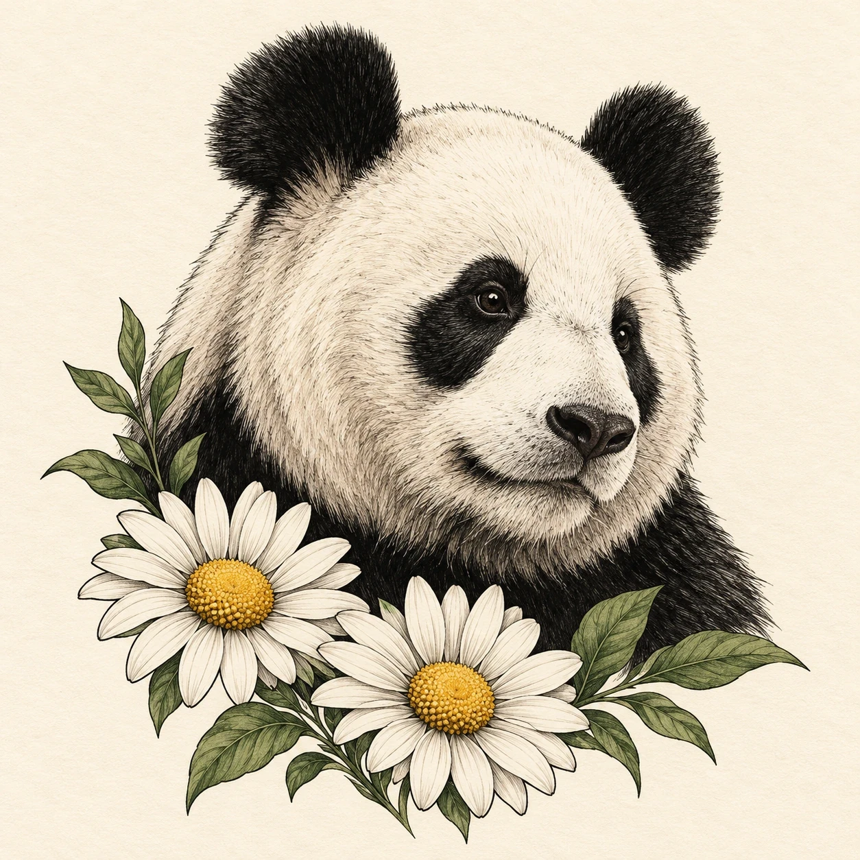 Panda portrait tattoo concept framed by daisies and green leaves