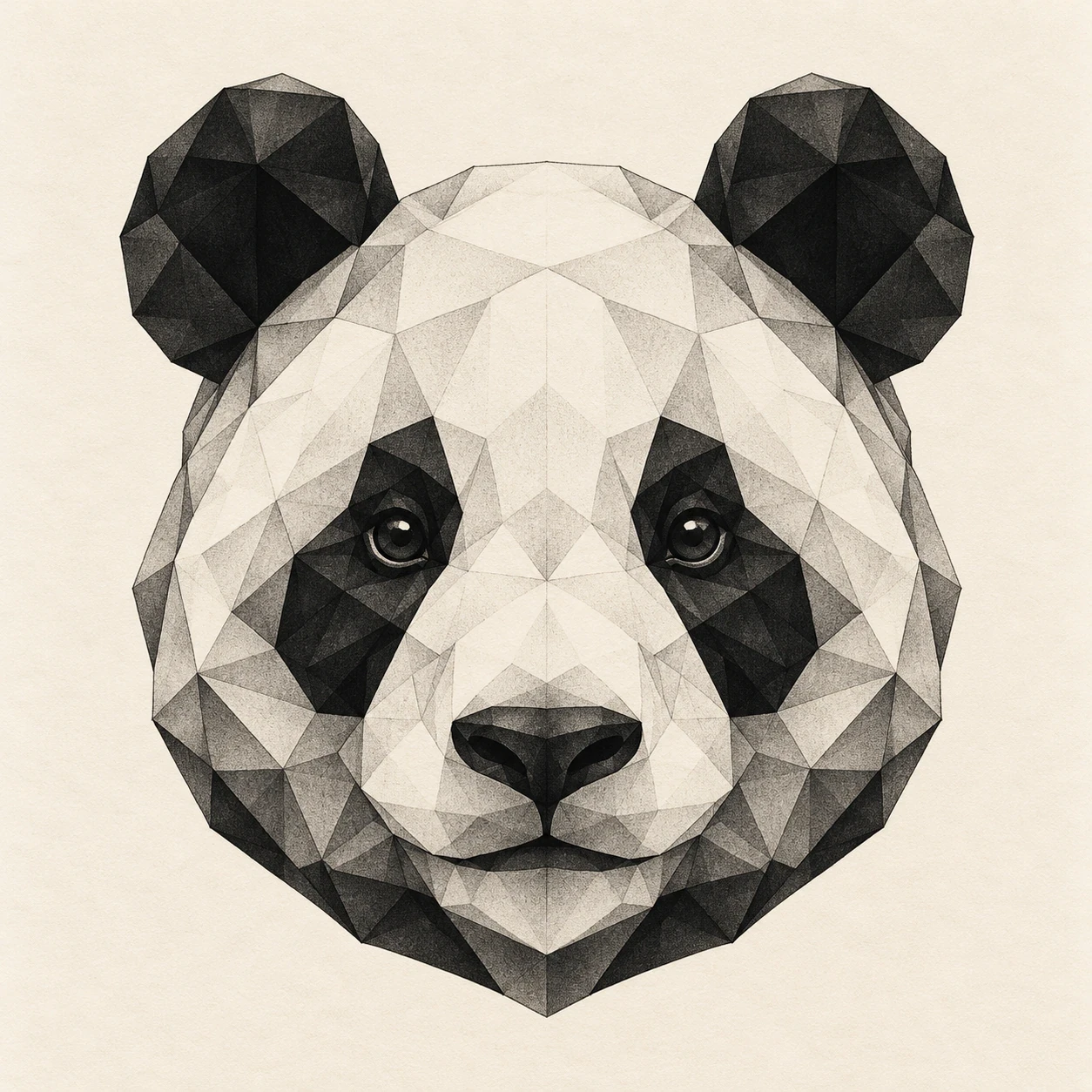 Geometric panda-head tattoo concept built from black-and-grey angular facets