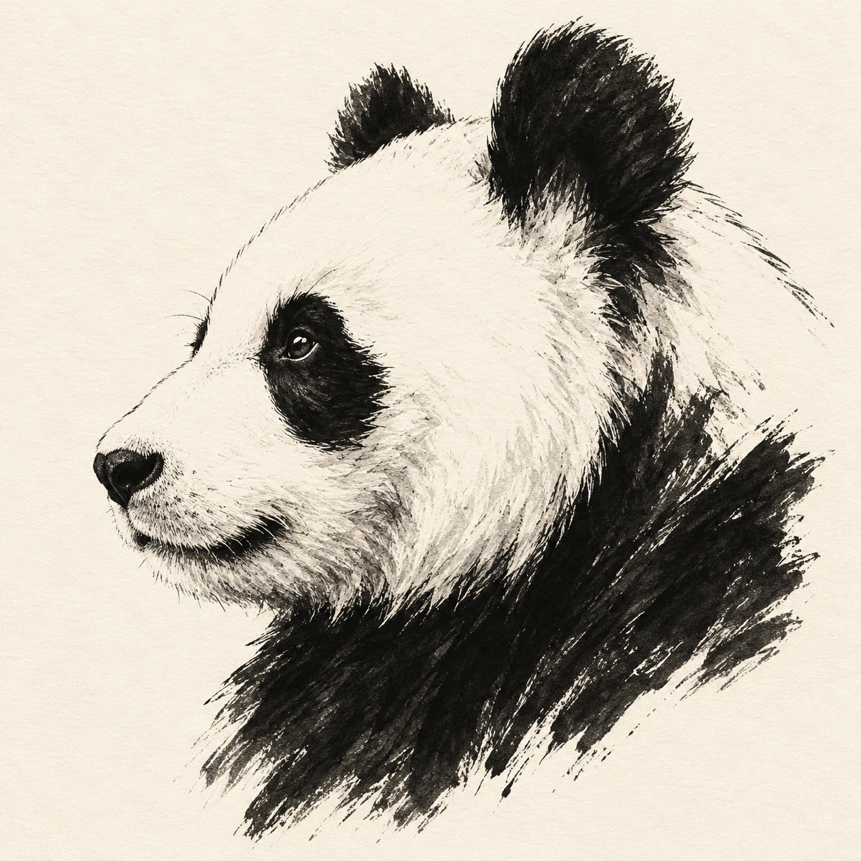 Panda profile tattoo concept in textured black ink-brush strokes