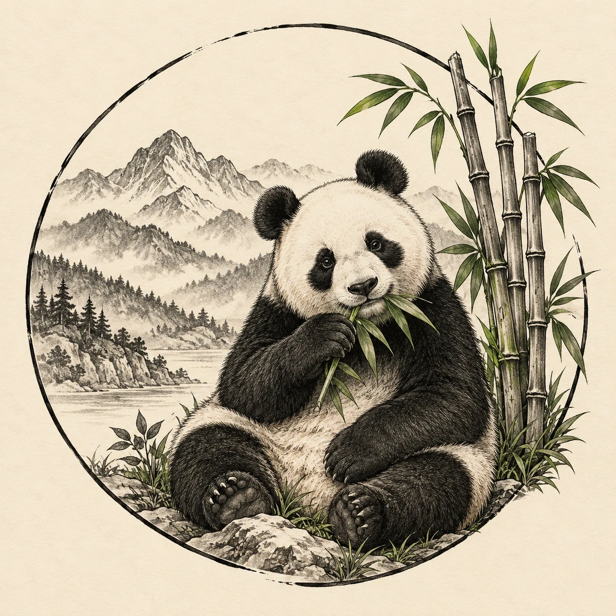 Circular panda tattoo concept with bamboo and a distant mountain horizon