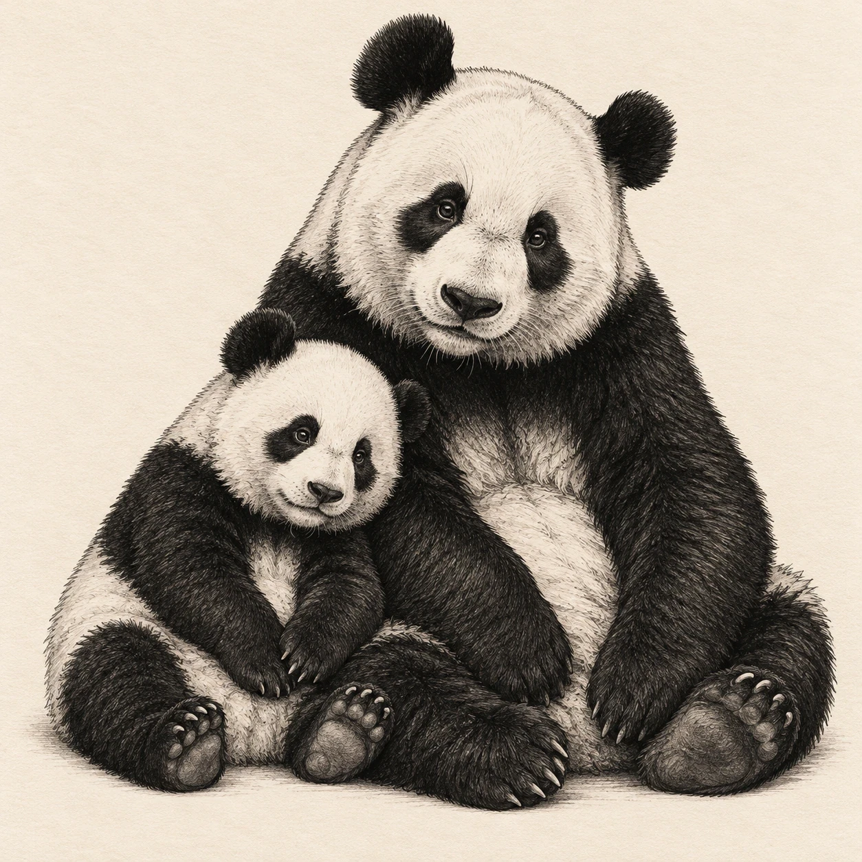 Giant panda pair tattoo concept with a seated adult and smaller cub