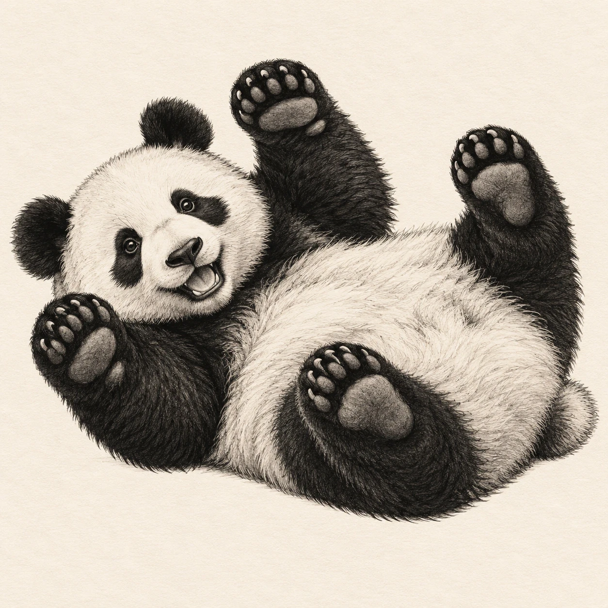 Playful giant panda tattoo concept lying on its back with four raised paws