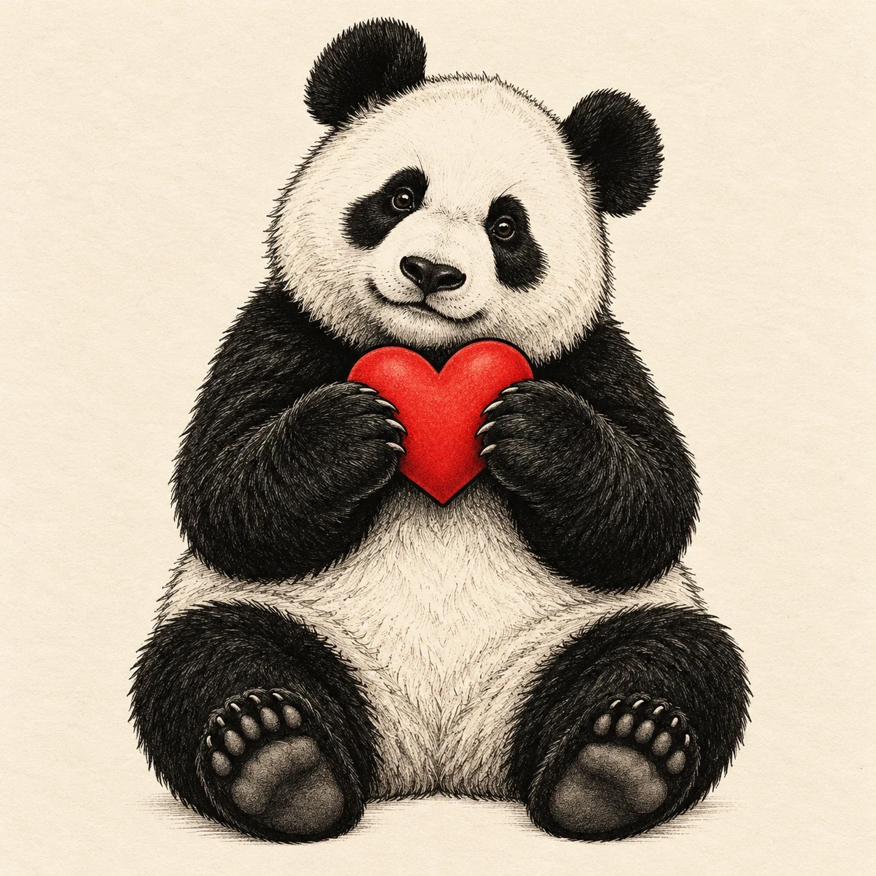 Seated panda tattoo concept holding a small red heart