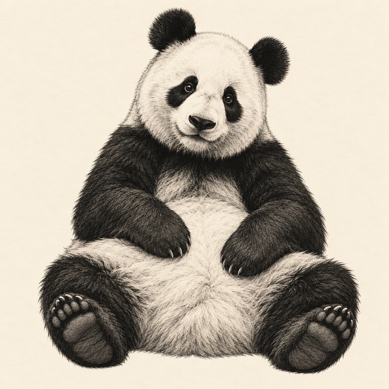 Seated giant panda tattoo concept with front paws resting on its belly