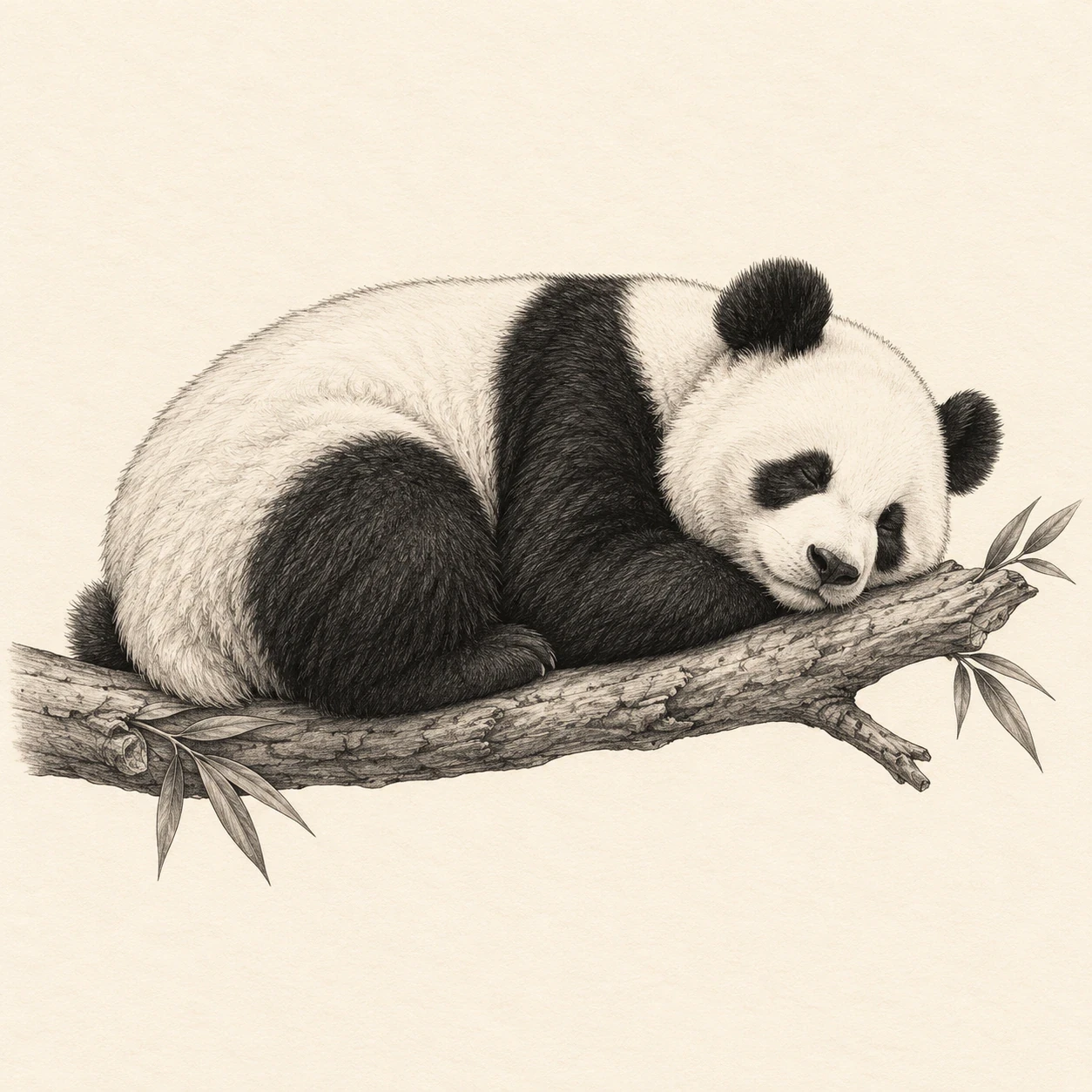 Sleeping giant panda tattoo concept curled on a short tree branch