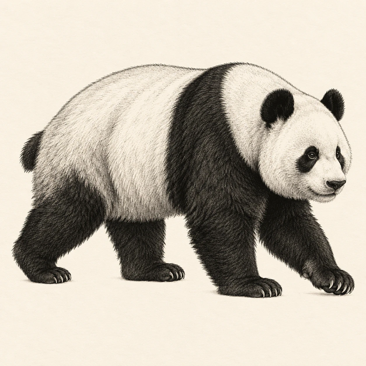 Side-view giant panda tattoo concept walking to the right