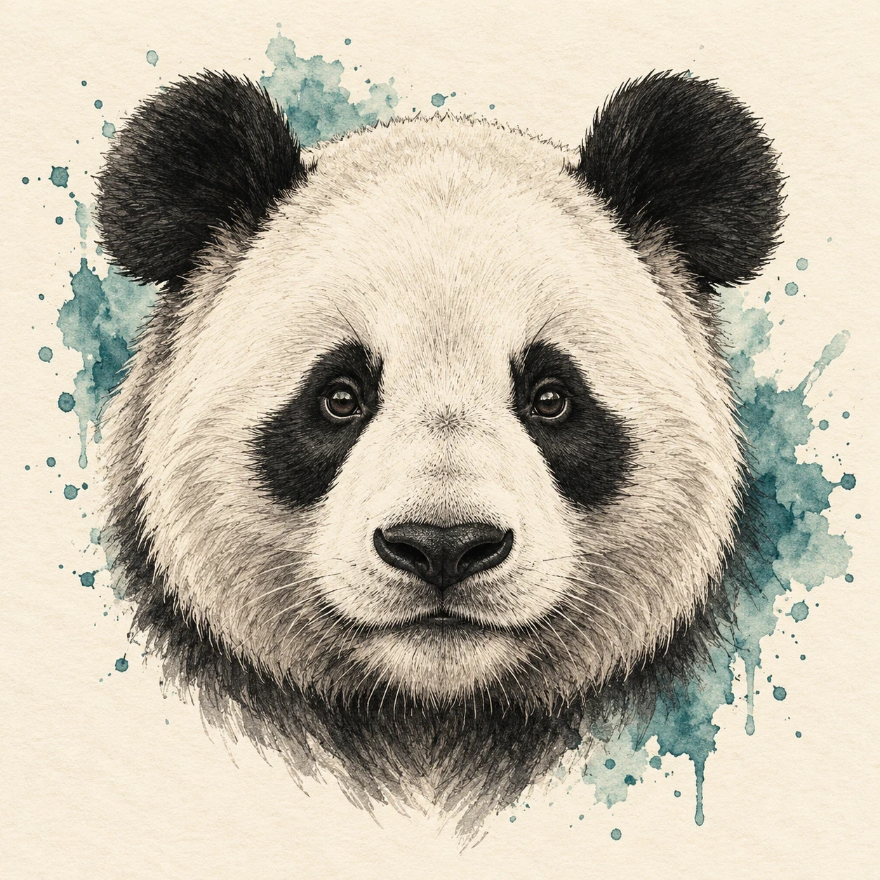 Panda-head tattoo concept with soft teal watercolor accents