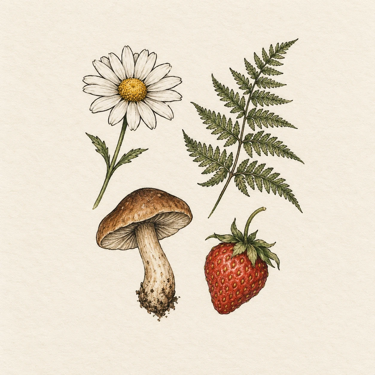 Botanical patchwork layout with a daisy, fern, mushroom and strawberry