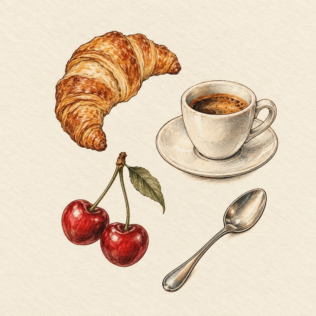 Cafe patchwork layout with a croissant, espresso cup, cherries and teaspoon
