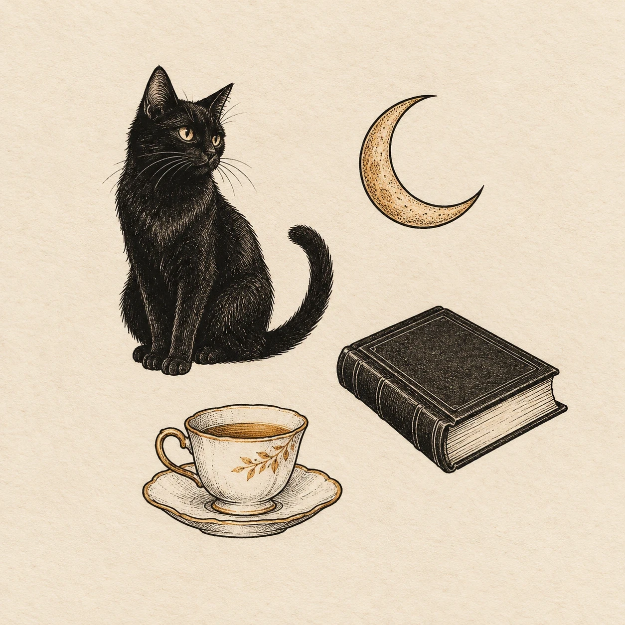 Cozy patchwork layout with a black cat, closed book, teacup and crescent