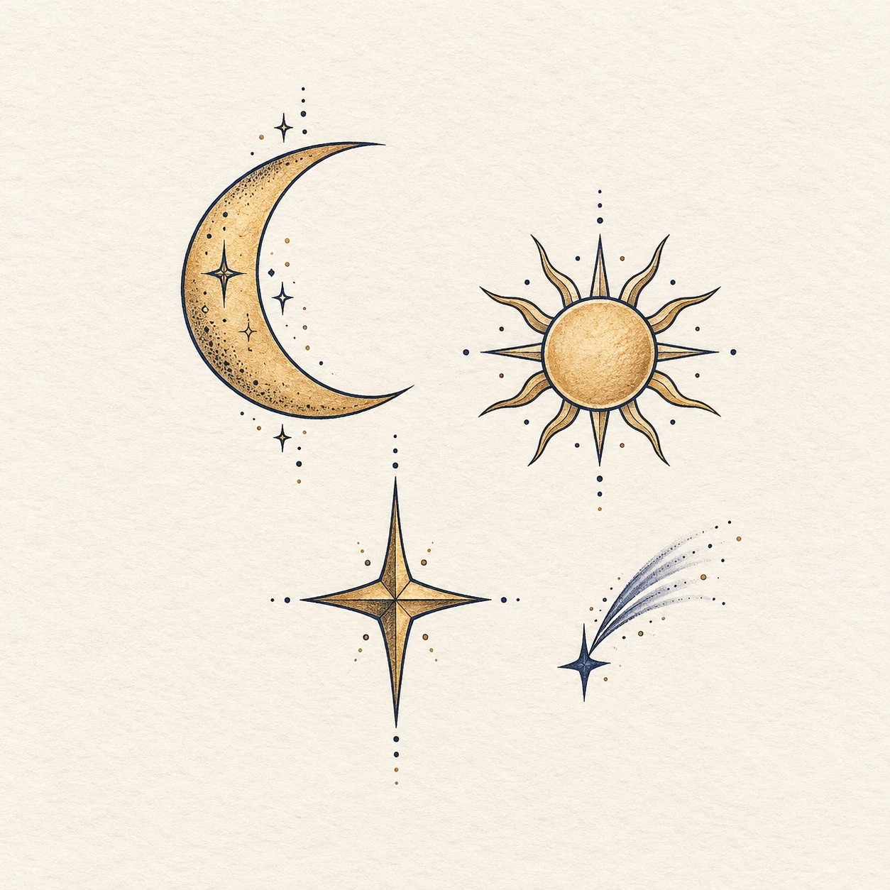 Celestial patchwork layout with a crescent, sun, star and blue comet