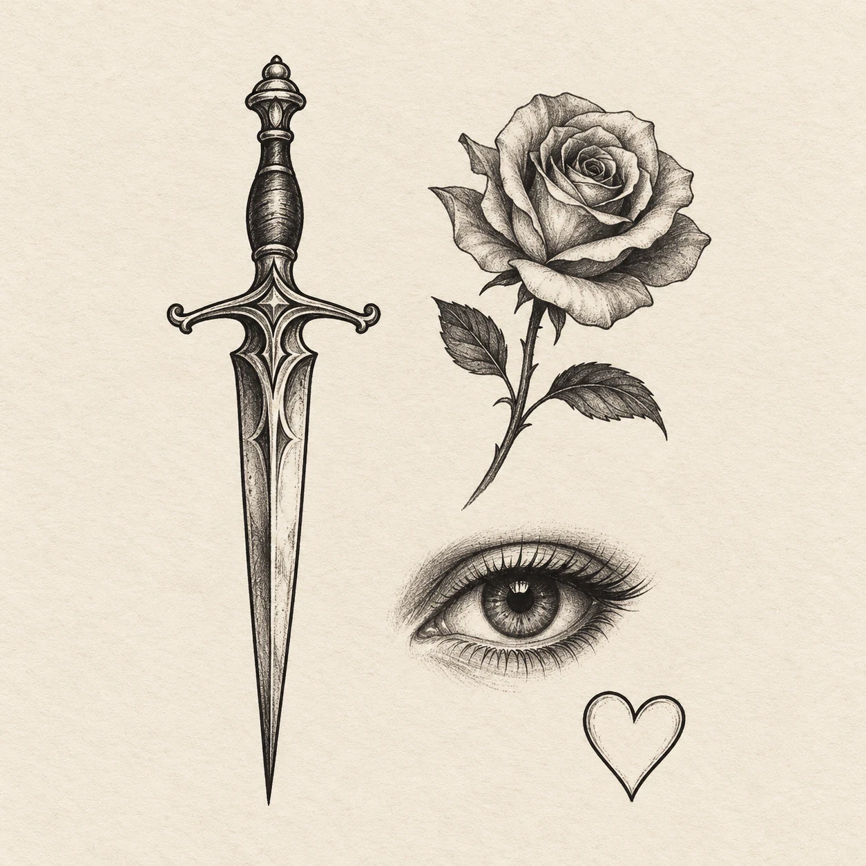 Black-and-grey patchwork layout with a dagger, rose, eye and outlined heart