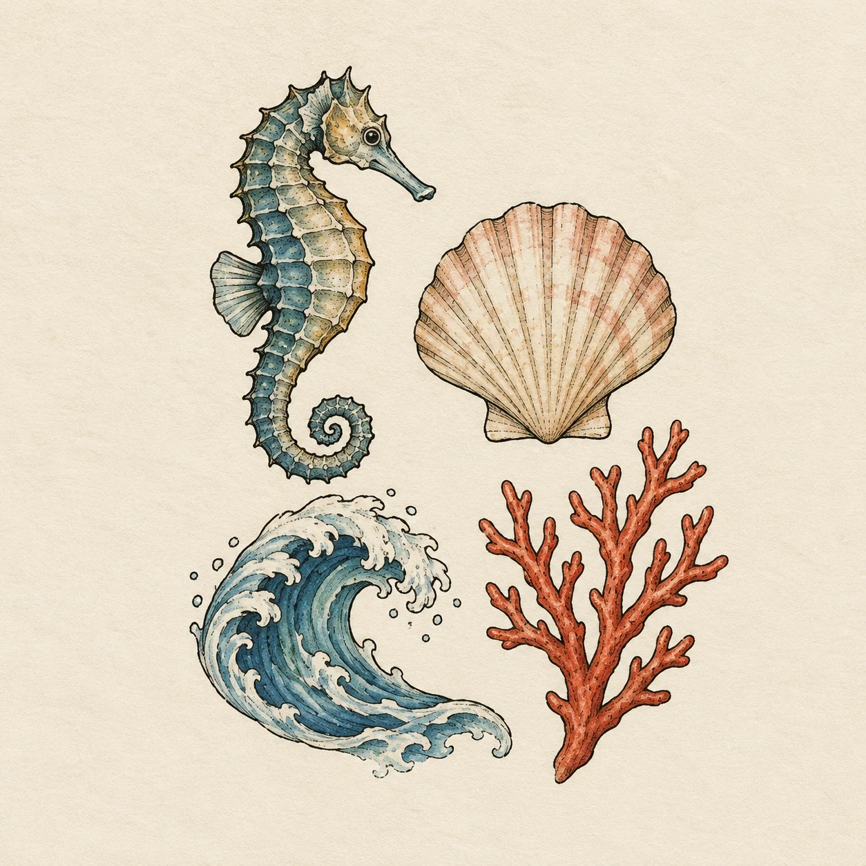 Coastal patchwork layout with a seahorse, scallop shell, blue wave and coral