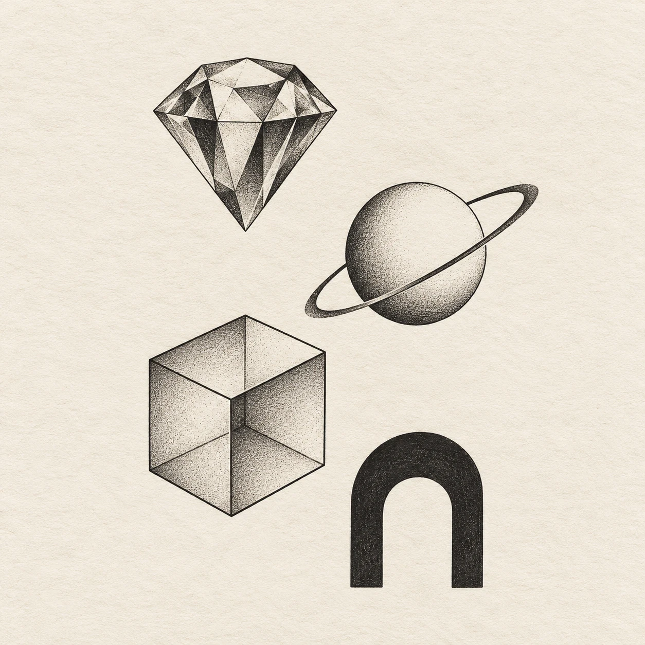 Geometric patchwork layout with a faceted gem, orbital circle, wireframe cube and black arch