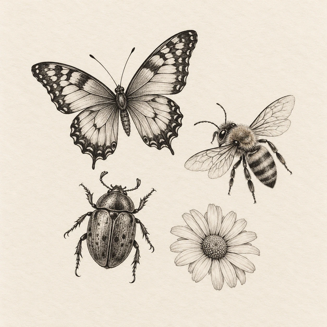 Nature patchwork layout with a butterfly, bee, beetle and daisy