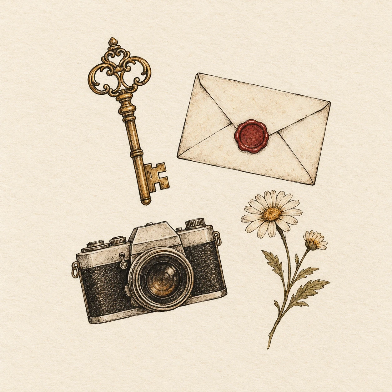 Keepsake patchwork layout with a key, sealed envelope, camera and daisy sprig