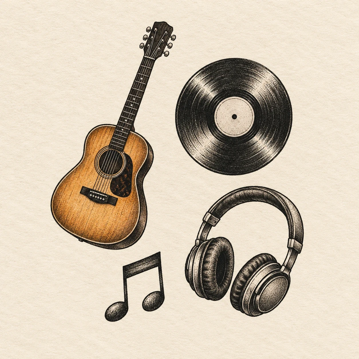 Music patchwork layout with an acoustic guitar, vinyl record, headphones and beamed notes