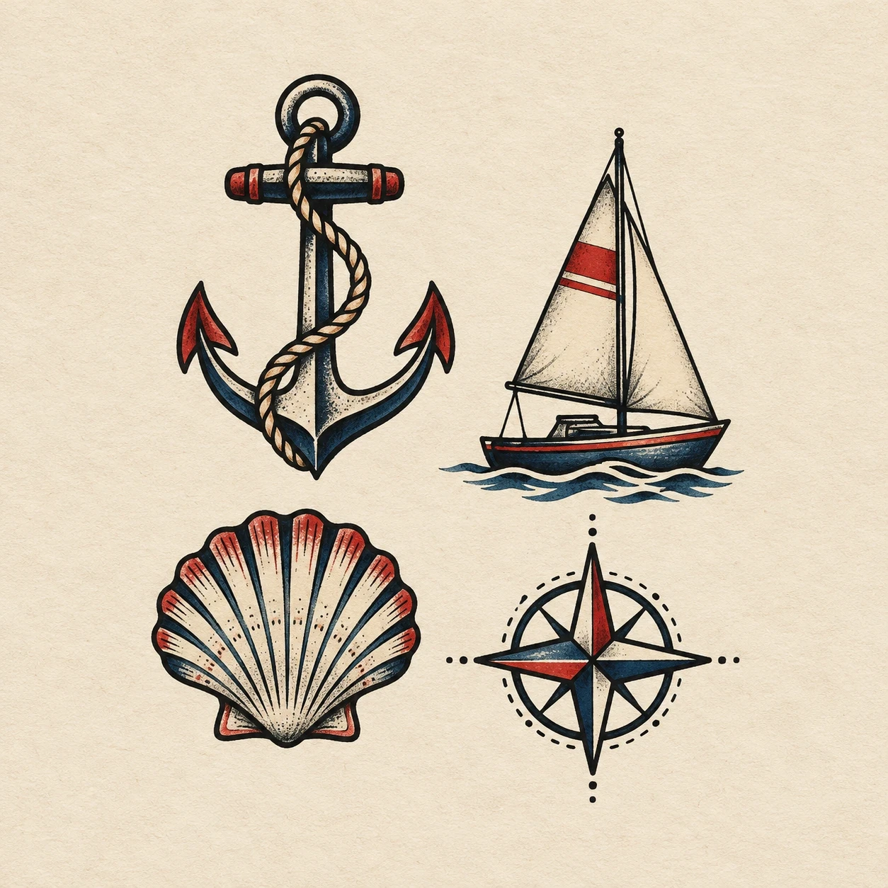 Nautical patchwork layout with an anchor, sailboat, shell and compass rose