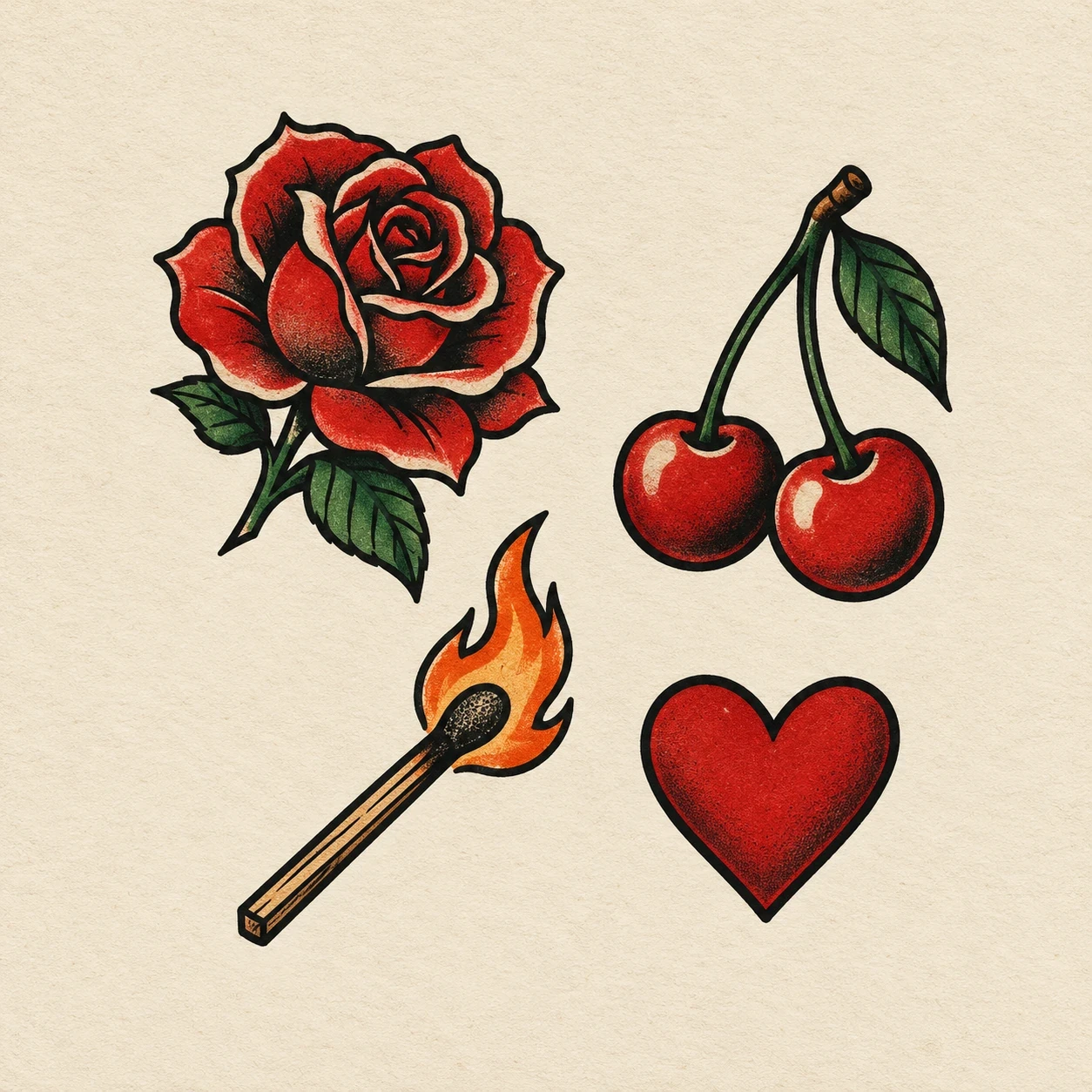 Bold red-accent patchwork layout with a rose, cherries, lit match and heart