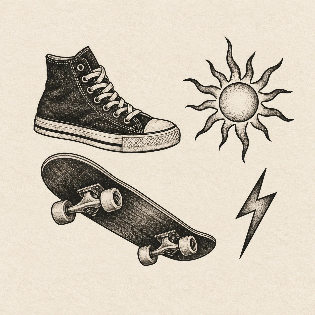 Black-and-grey patchwork layout with a high-top sneaker, skateboard, lightning bolt and sun