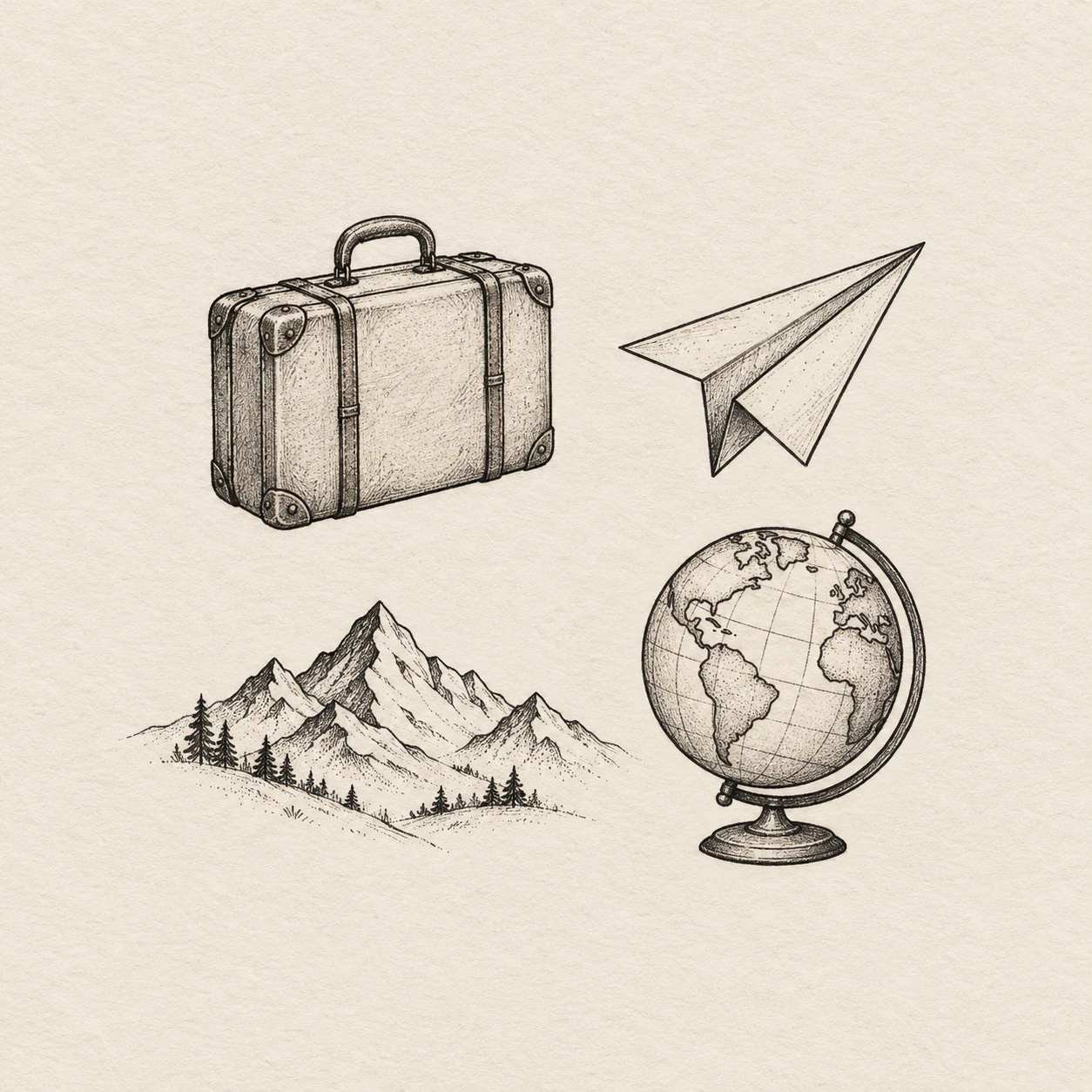 Travel patchwork layout with a suitcase, paper airplane, mountain vignette and globe
