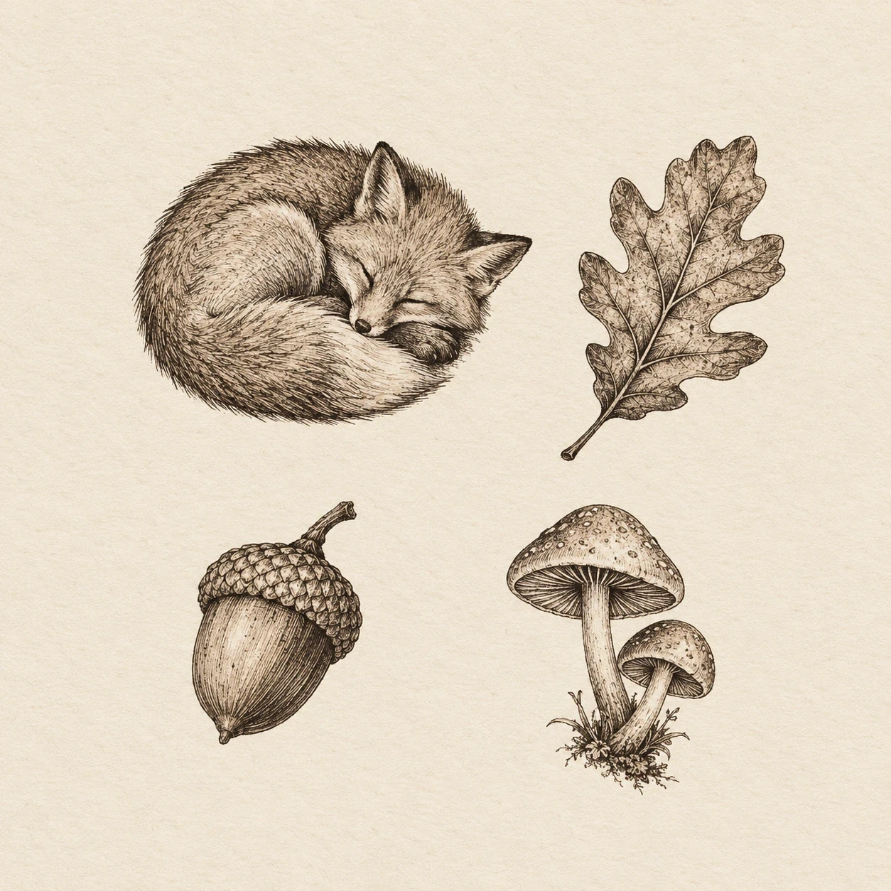 Woodland patchwork layout with a curled fox, oak leaf, acorn and mushrooms