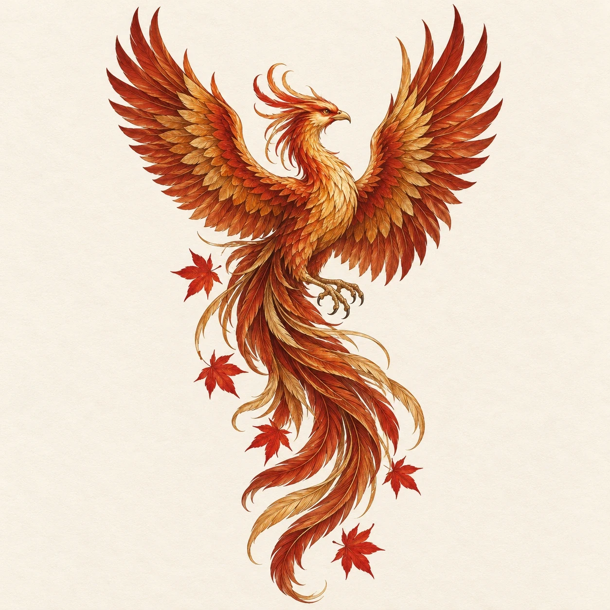 Rust and gold phoenix with scattered red maple leaves in a tapered sleeve design