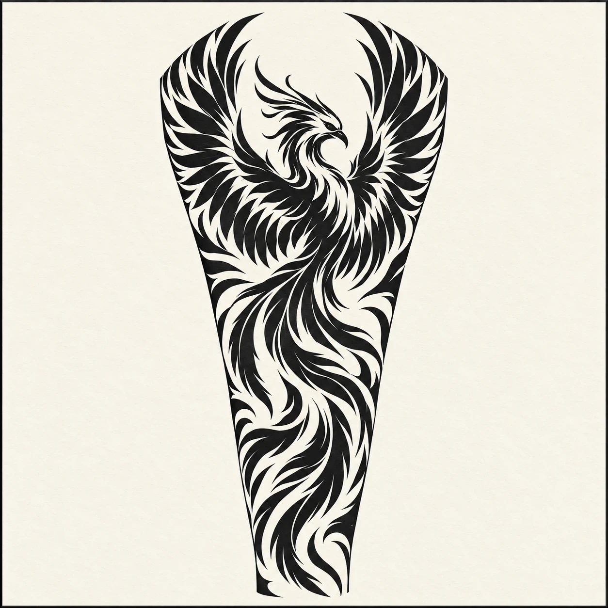 Blackwork phoenix with solid feather shapes and open gaps in a tapered sleeve design