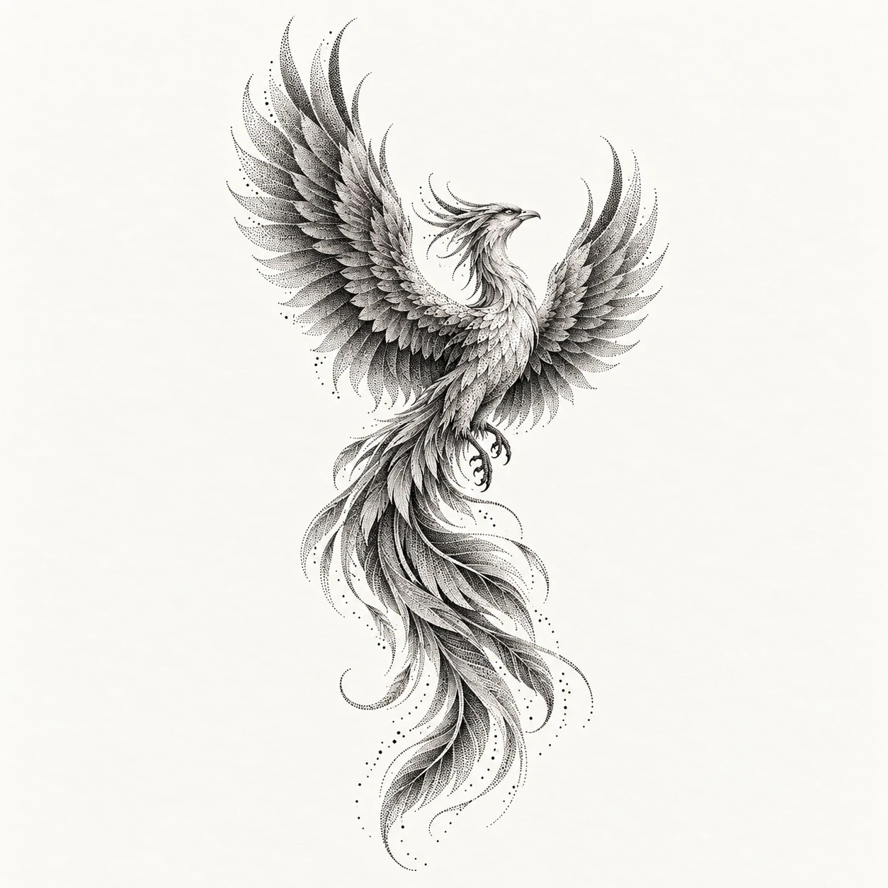 Dotwork phoenix with stippled wings and tail feathers in a full-sleeve concept