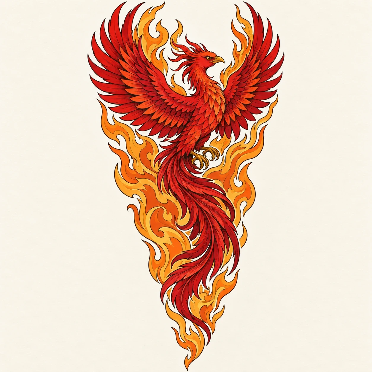 Red phoenix above broad orange flames that taper toward the wrist in a sleeve concept
