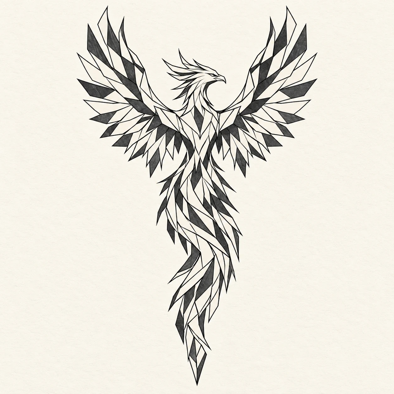 Geometric phoenix with angular feather panels in a tapered sleeve design