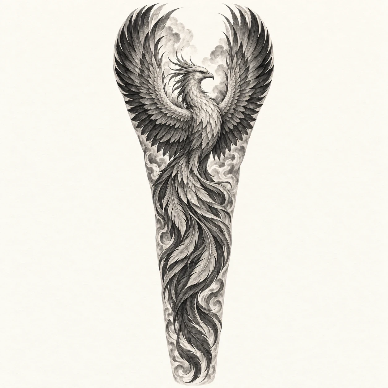 Black and grey phoenix with layered shaded feathers in a full-sleeve design concept