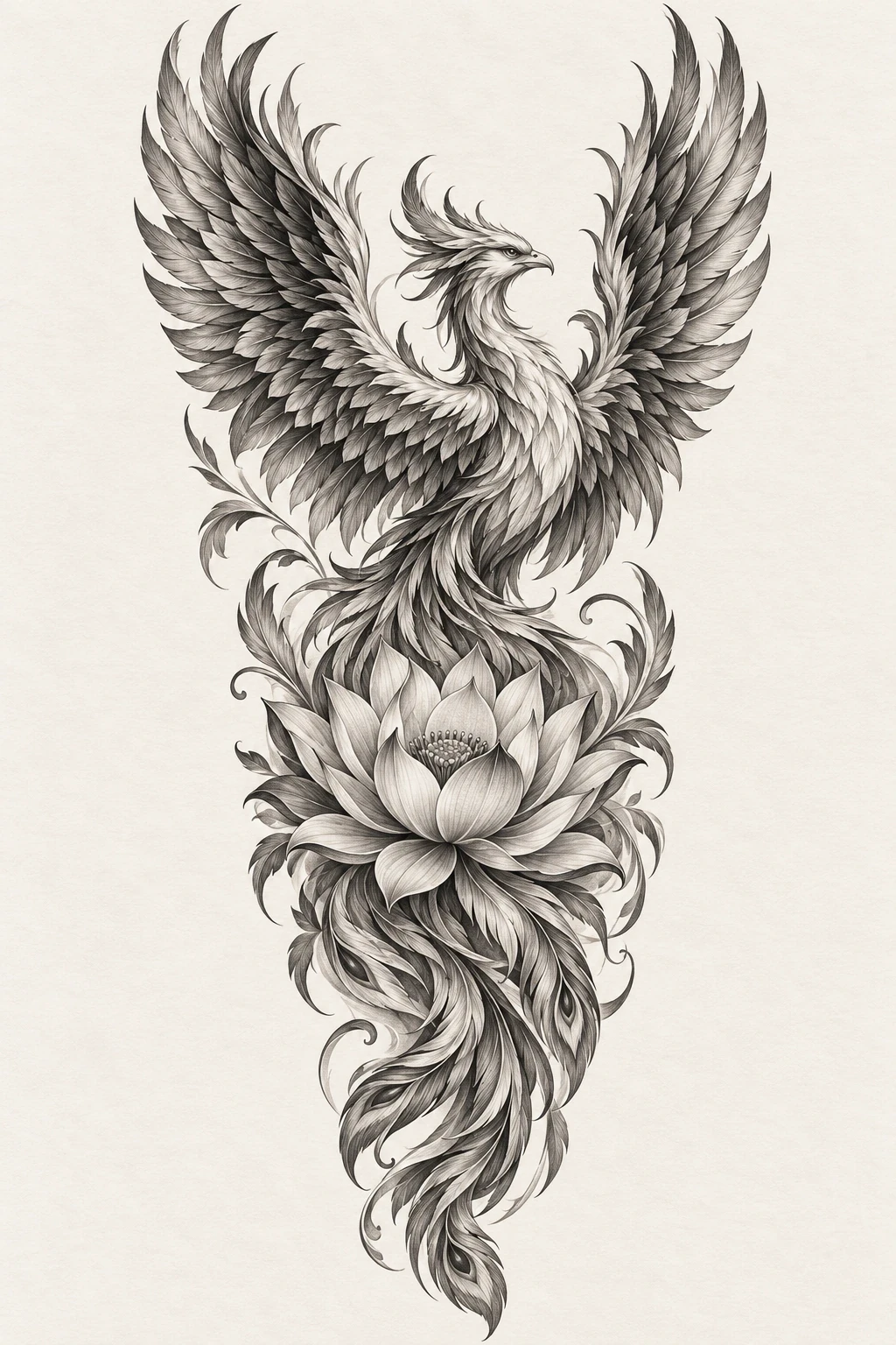 Black and grey phoenix above a single open lotus flower in a sleeve concept