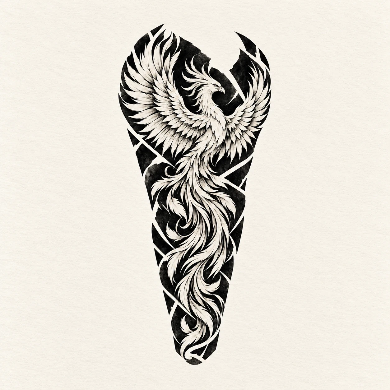 Light phoenix feather shapes against broken black background panels in a sleeve concept