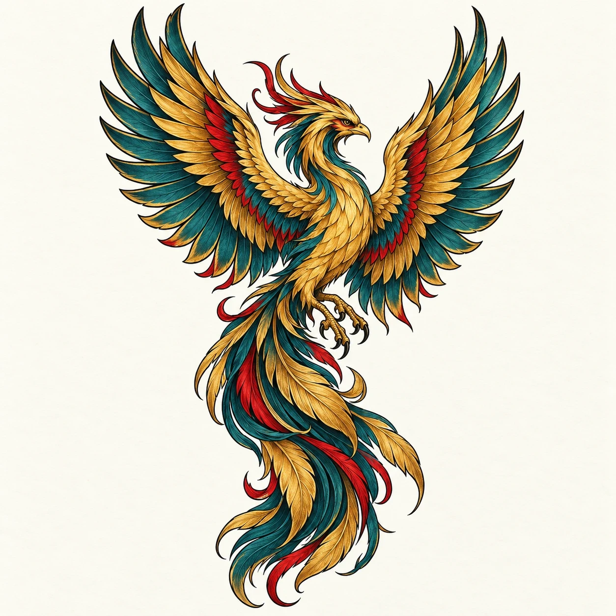 Gold and teal phoenix with bold outlines and red accents in a sleeve design