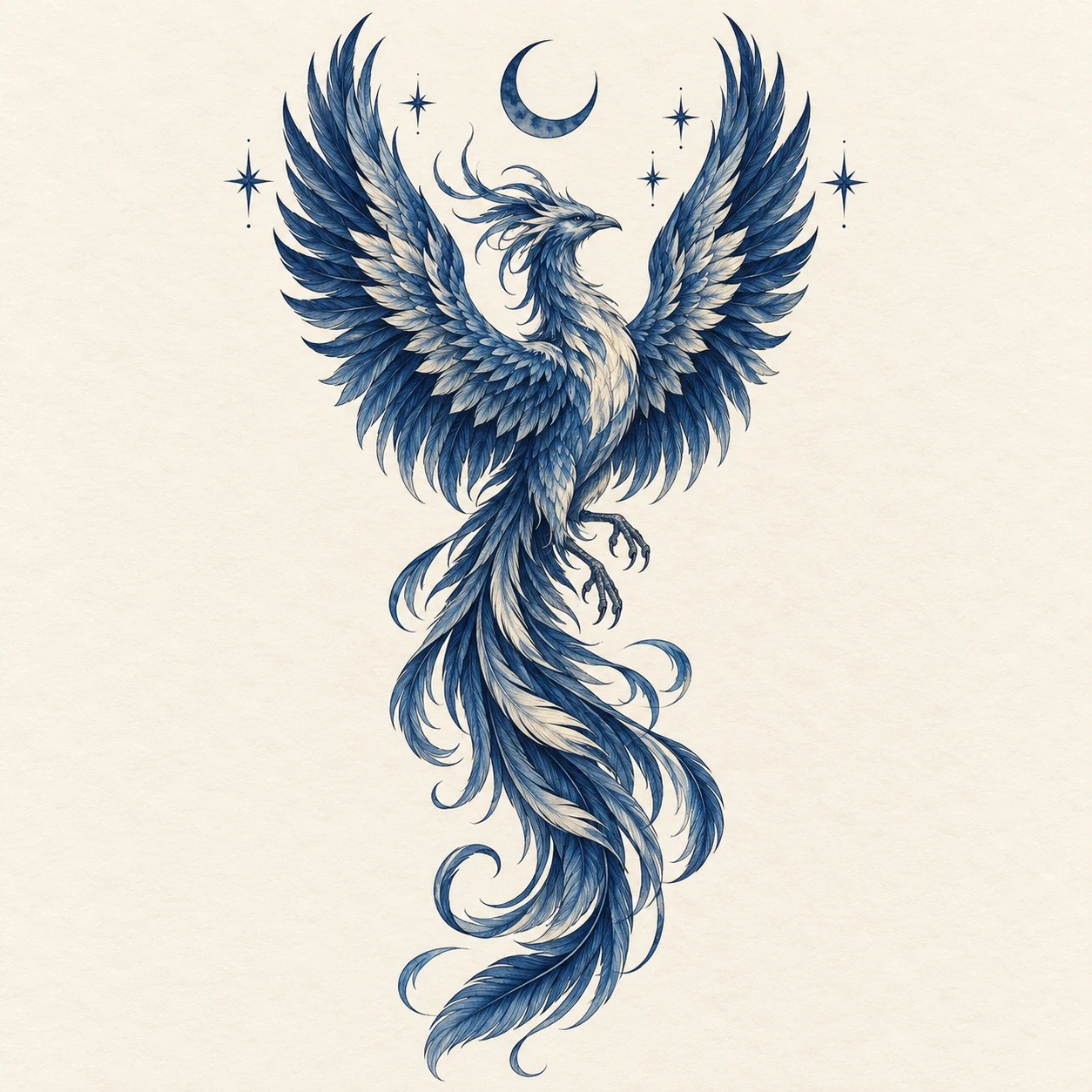 Indigo phoenix with a crescent moon and sparse stars in a full-sleeve concept
