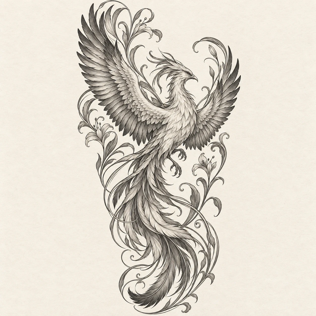 Phoenix surrounded by long curving ornamental lines in a full-sleeve concept