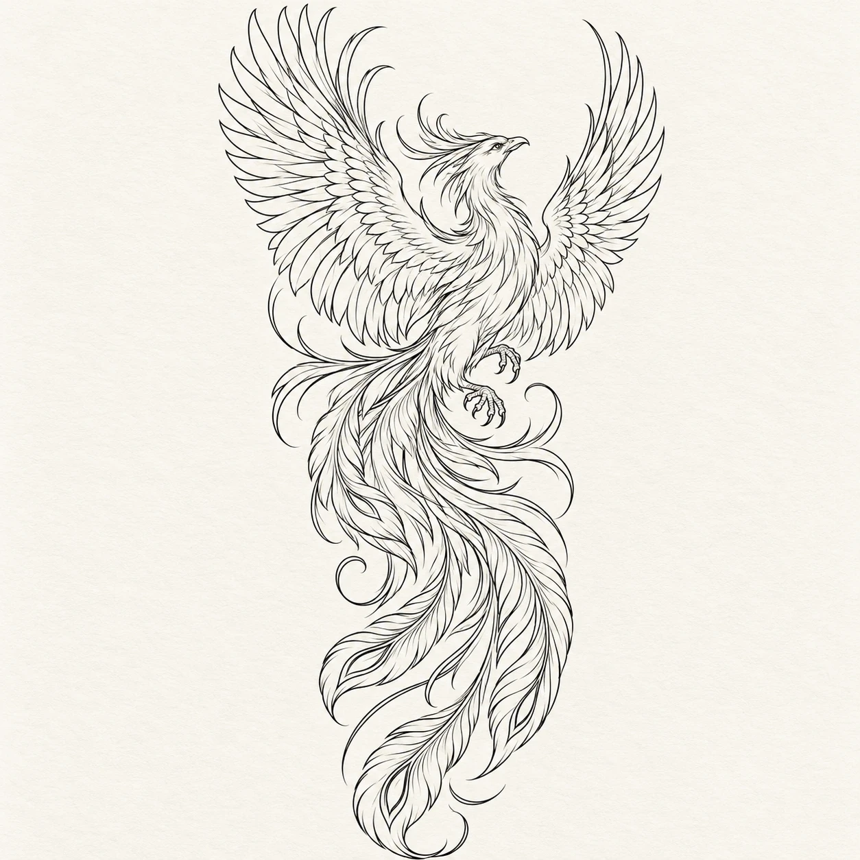 Phoenix drawn with open black outlines and sweeping tail feathers in a sleeve concept