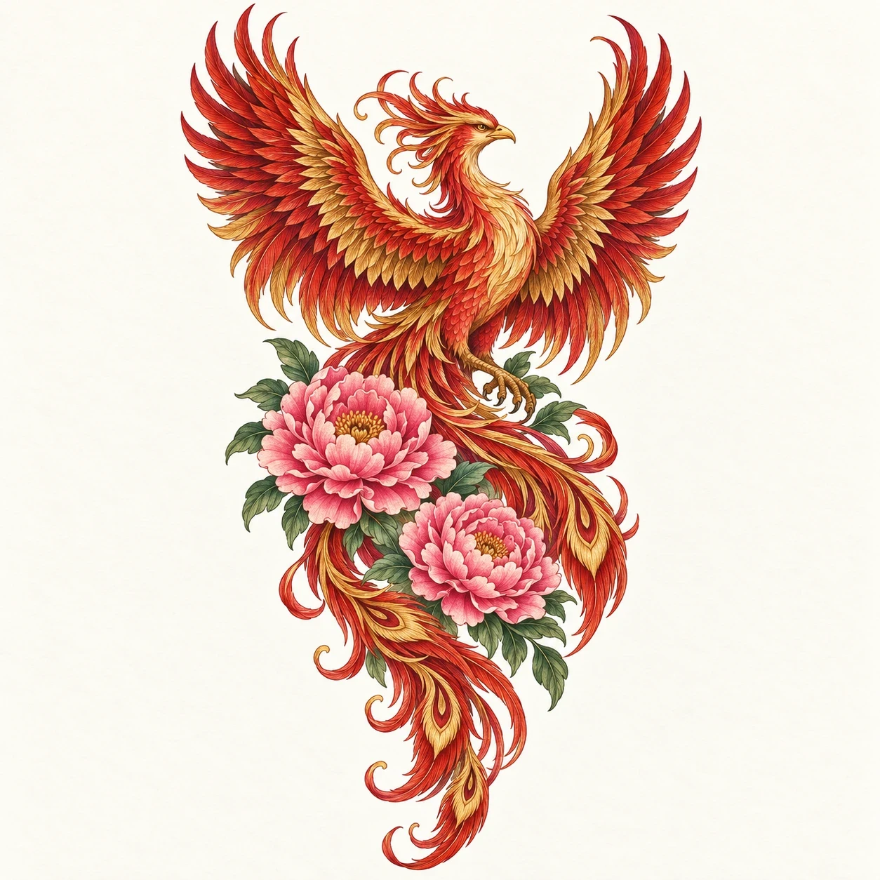 Red and gold phoenix above pink peony flowers in a tapered full-sleeve design