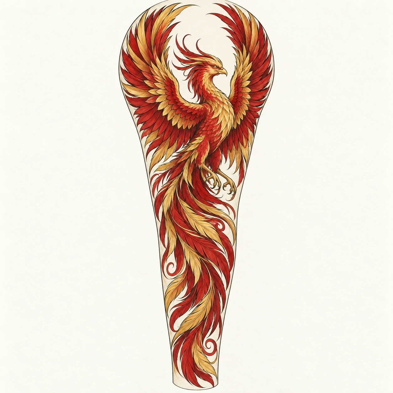 Red and gold phoenix with extended wings and long tail feathers in a tapered sleeve concept