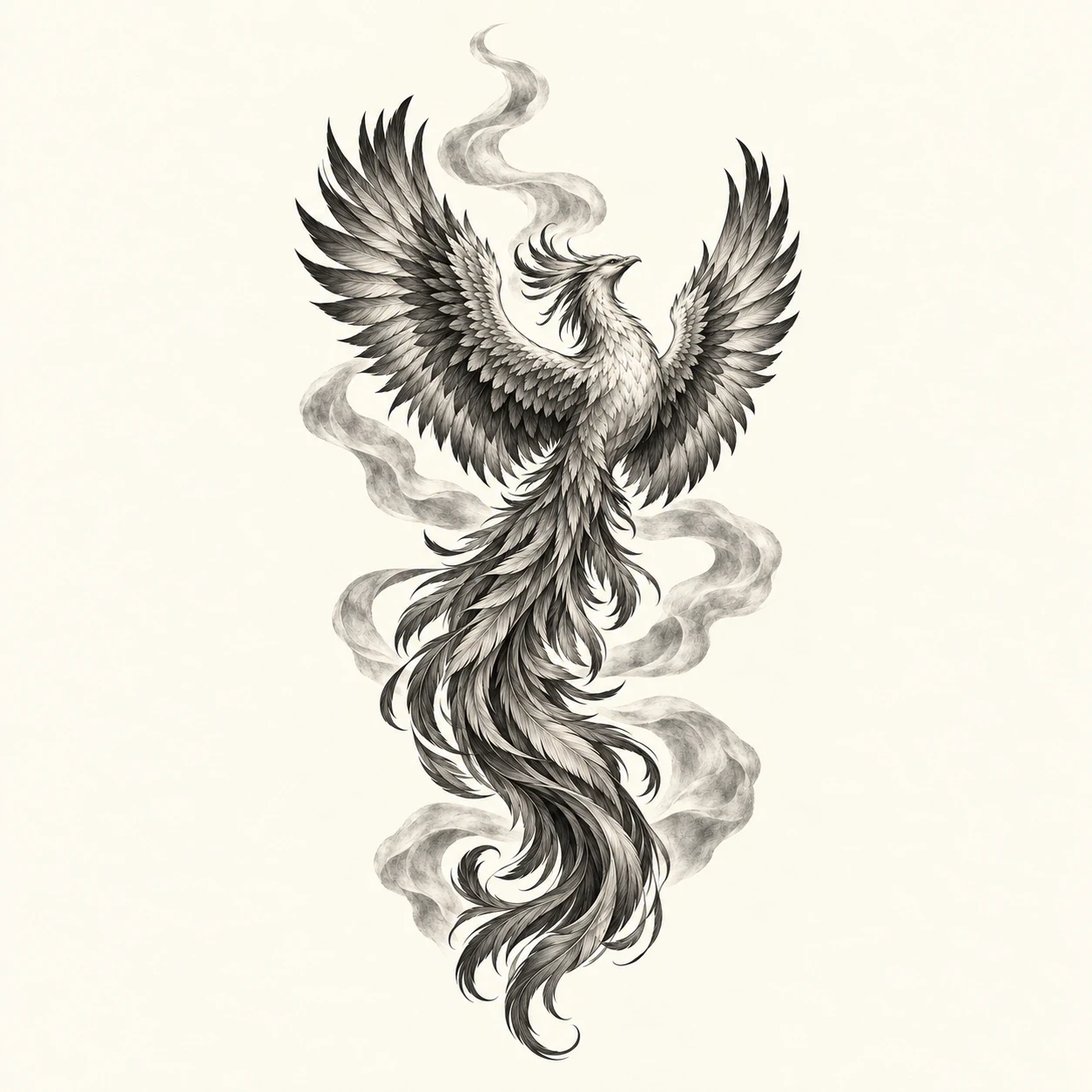 Black and grey phoenix with open smoke ribbons around its long tail in a sleeve design