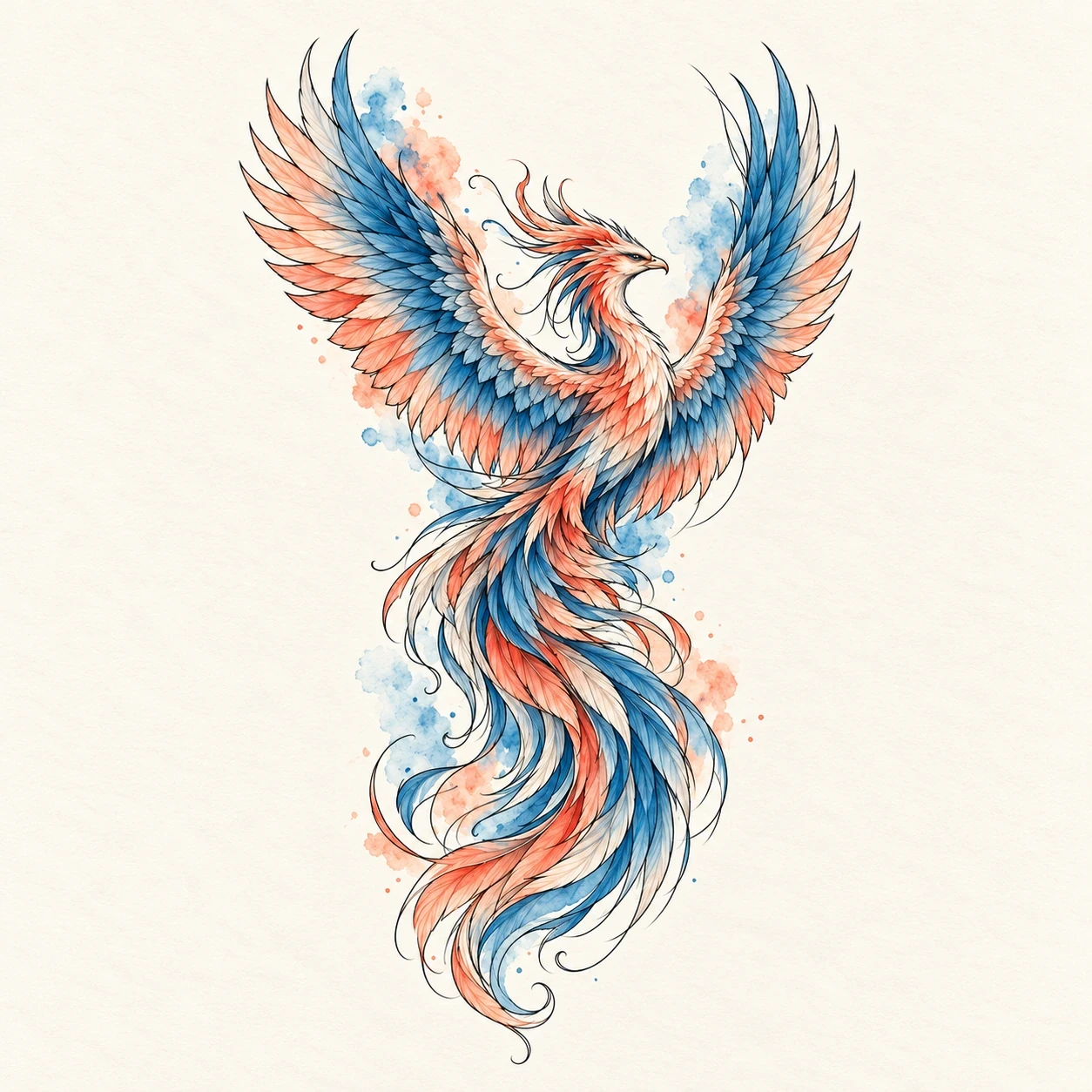 Phoenix outlined in black over blue and coral colour washes in a sleeve concept