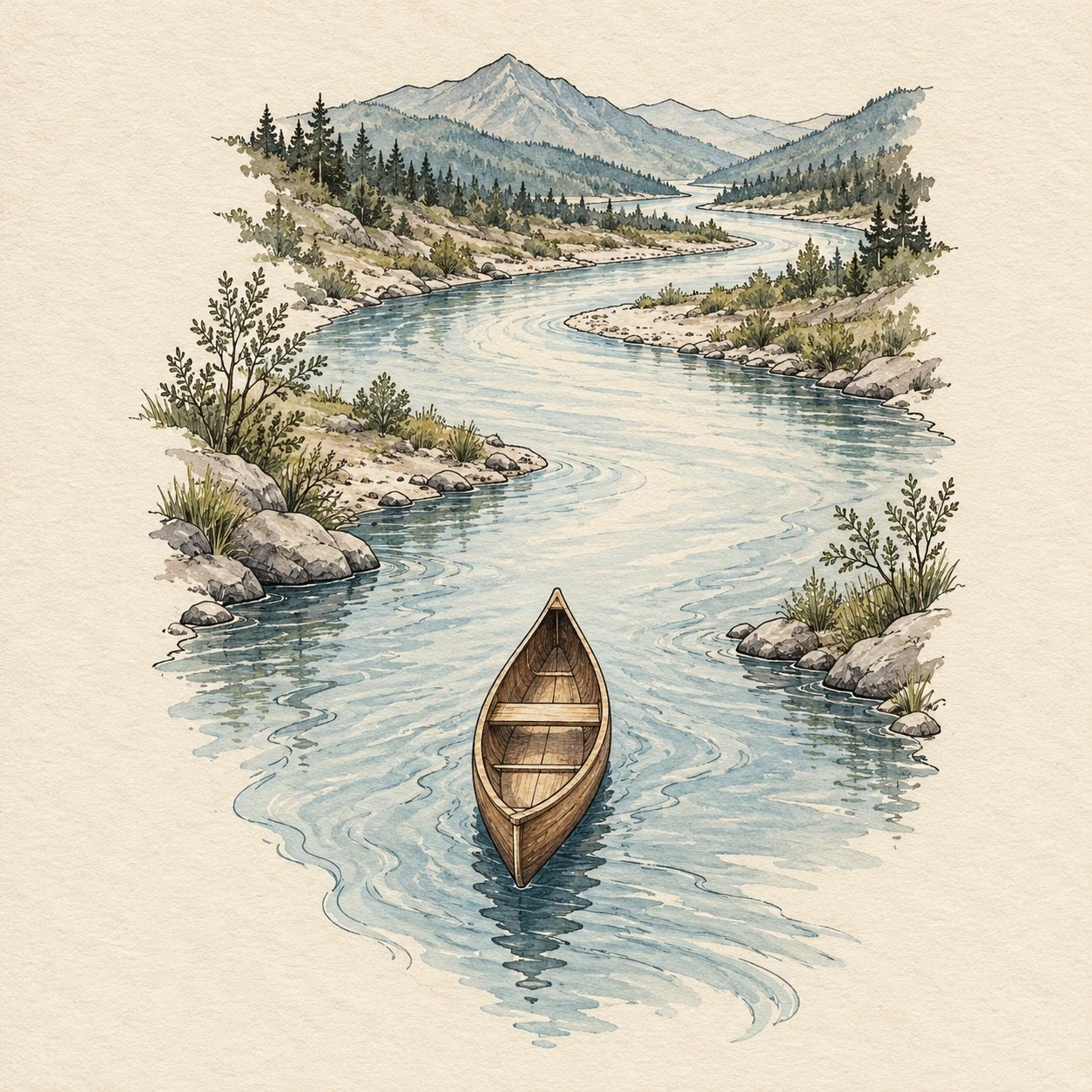 Empty wooden canoe floating on a pale blue river between lightly planted banks