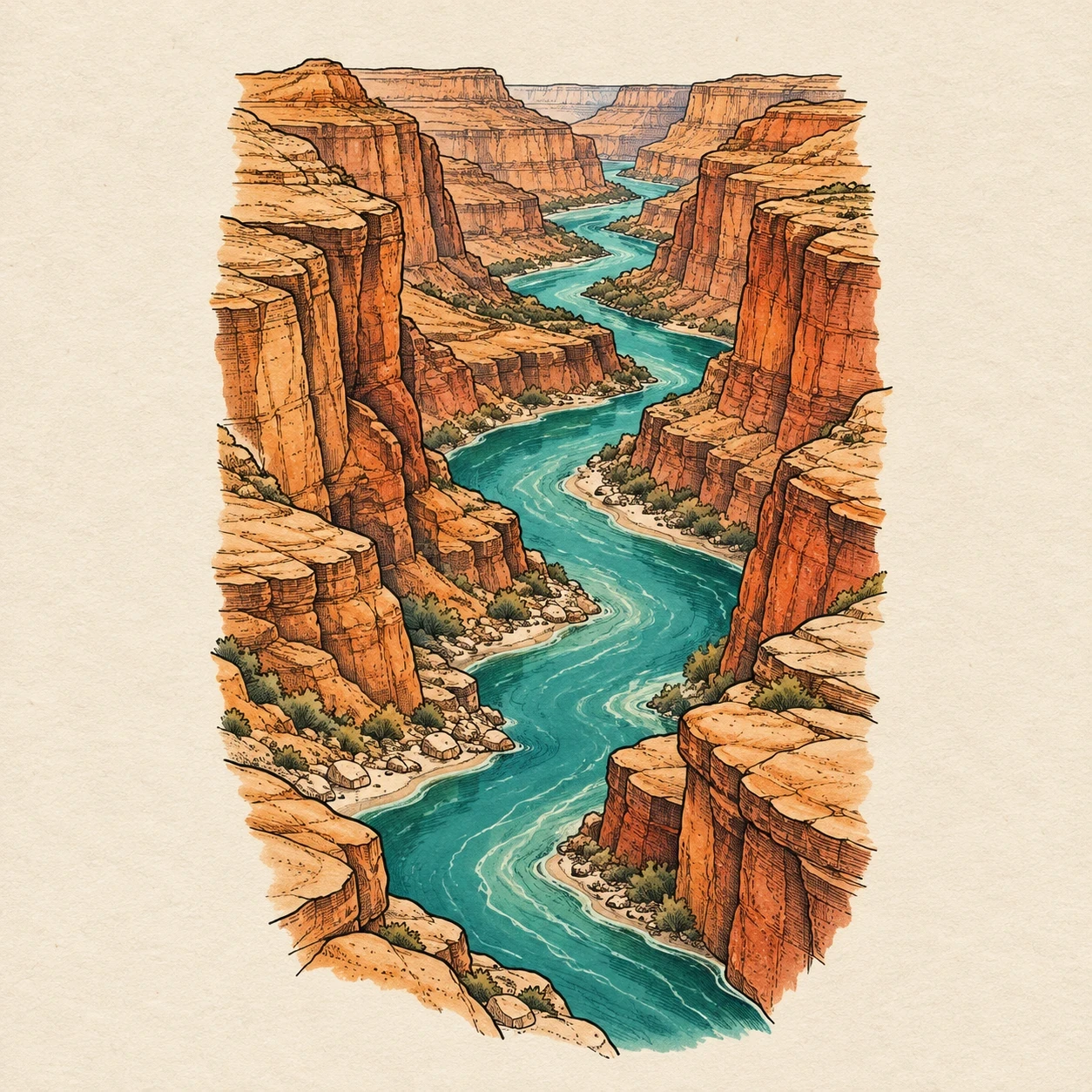 Turquoise river winding between layered ochre canyon walls