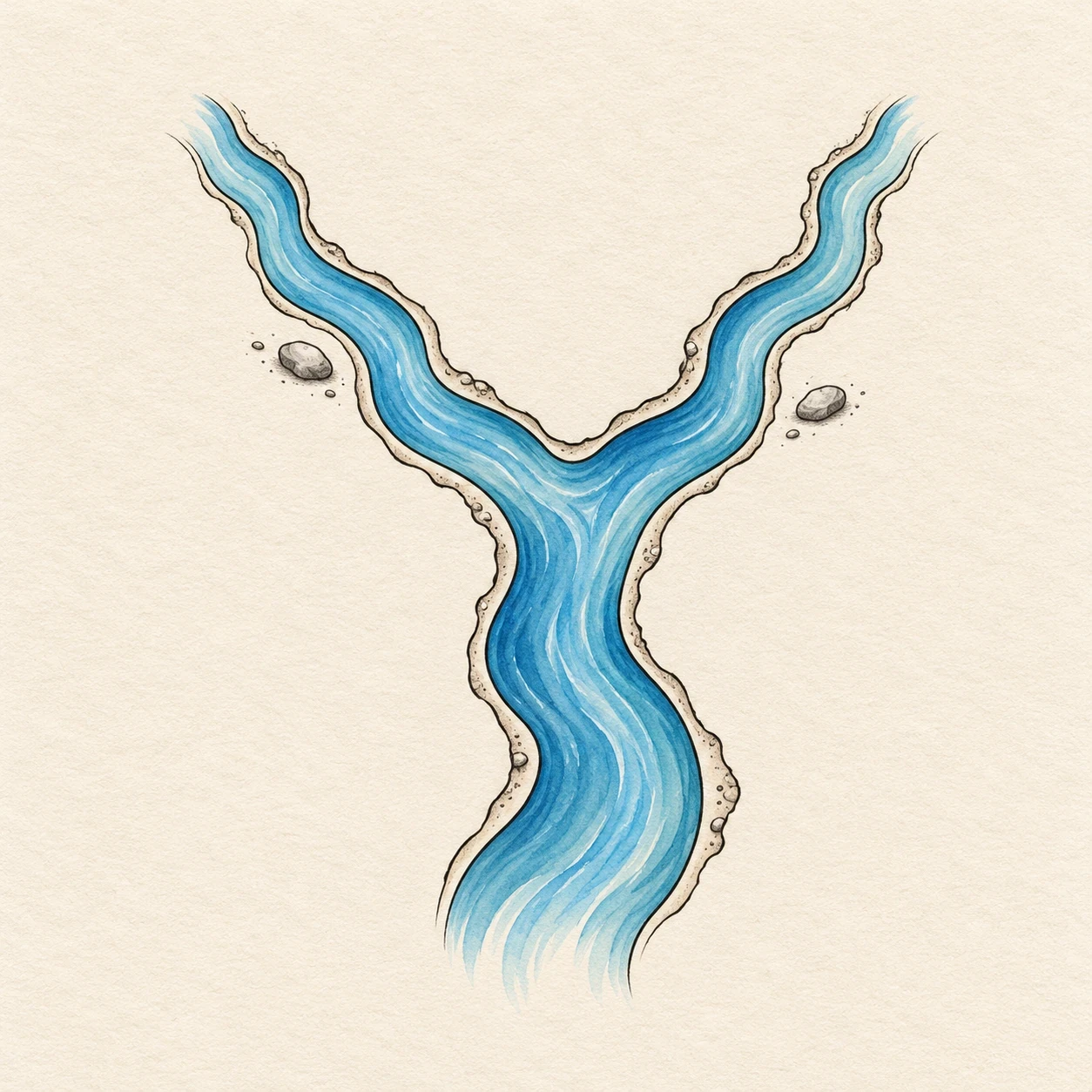 Two blue tributary channels joining into a wider river in a Y-shaped design