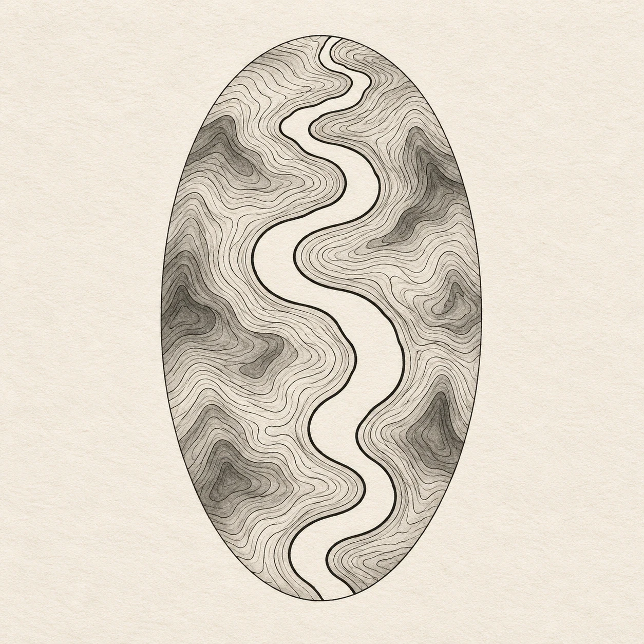 Invented contour-map river design with open water between curved terrain lines