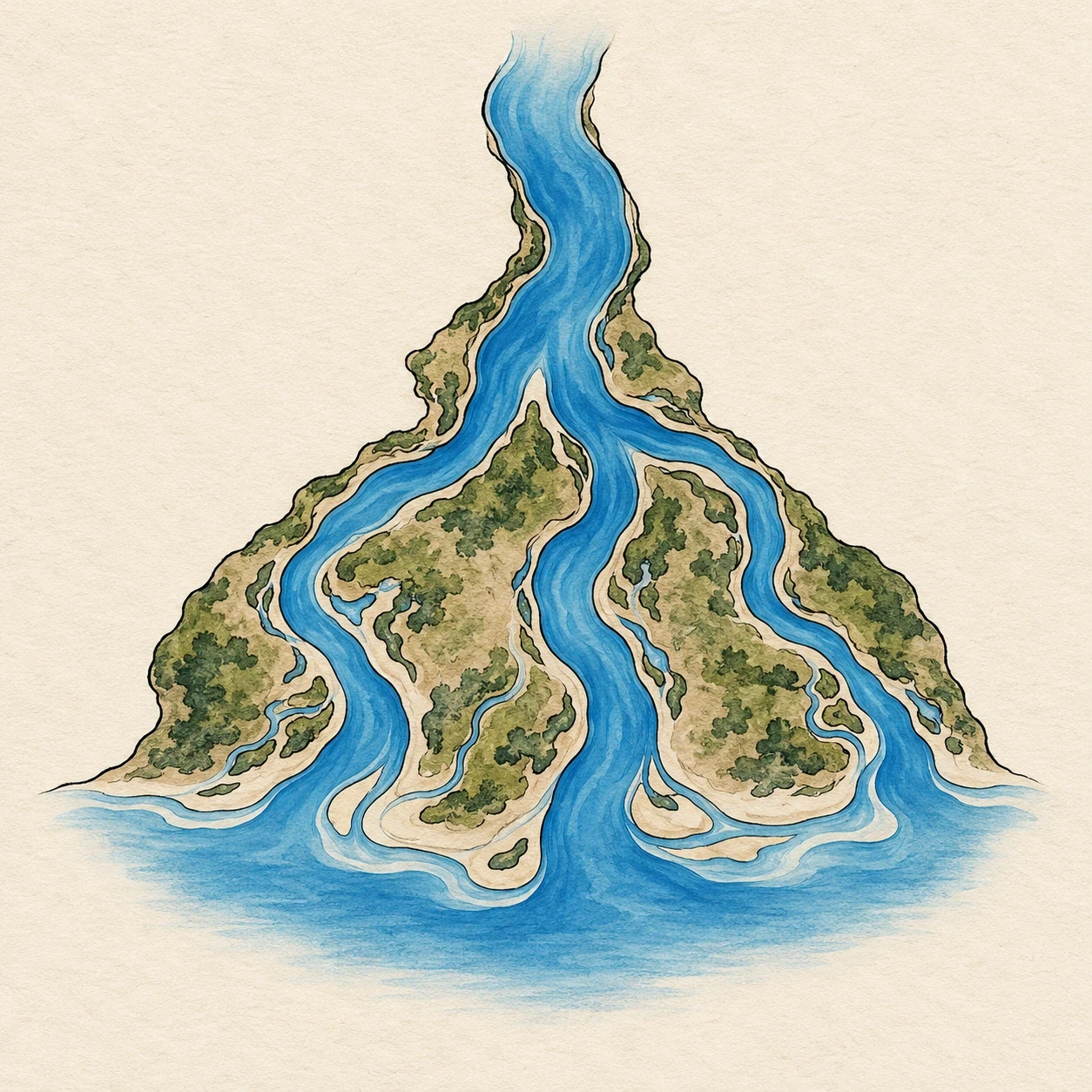 Invented overhead river delta with one channel branching into three toward a shoreline